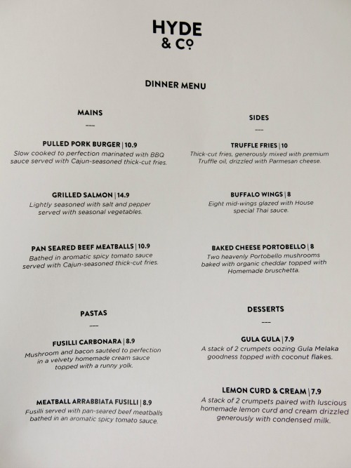 Hyde and Co Singapore Dinner Menu Small