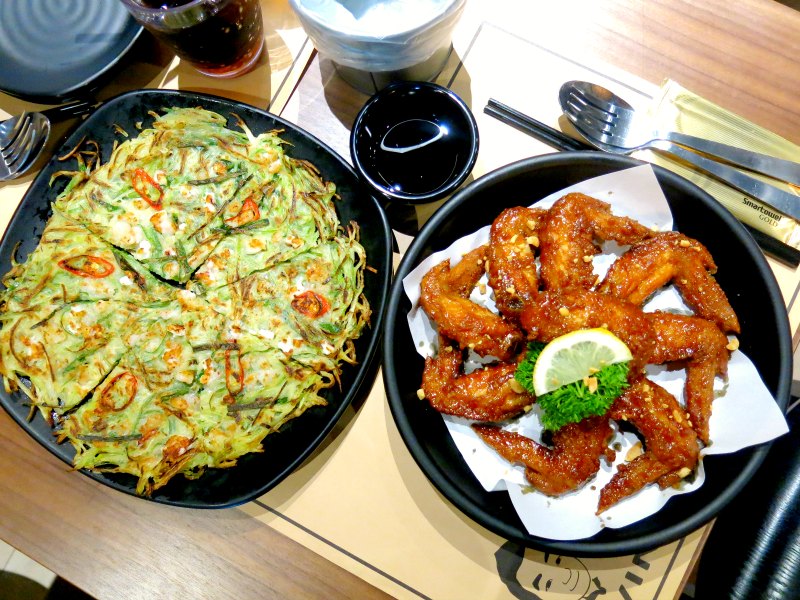 Seafood Pancake and Soy and Garlic Chicken Wing